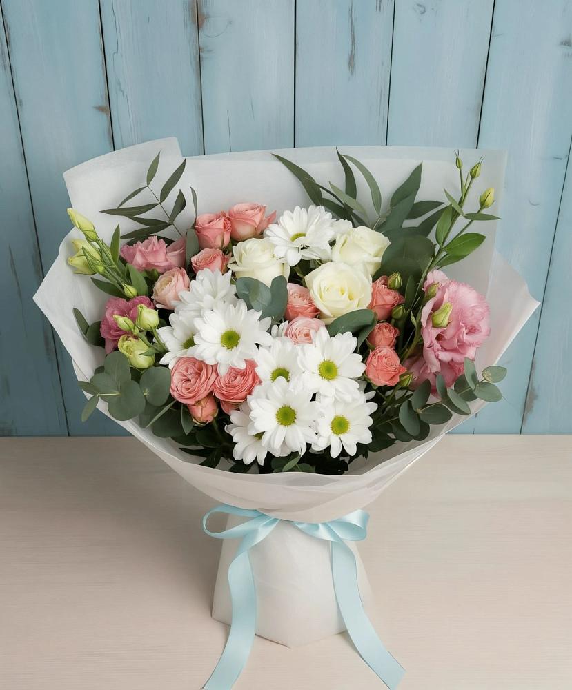 Букет цветов из: Розы, Лизиантусы и Хризантемы в Тельме