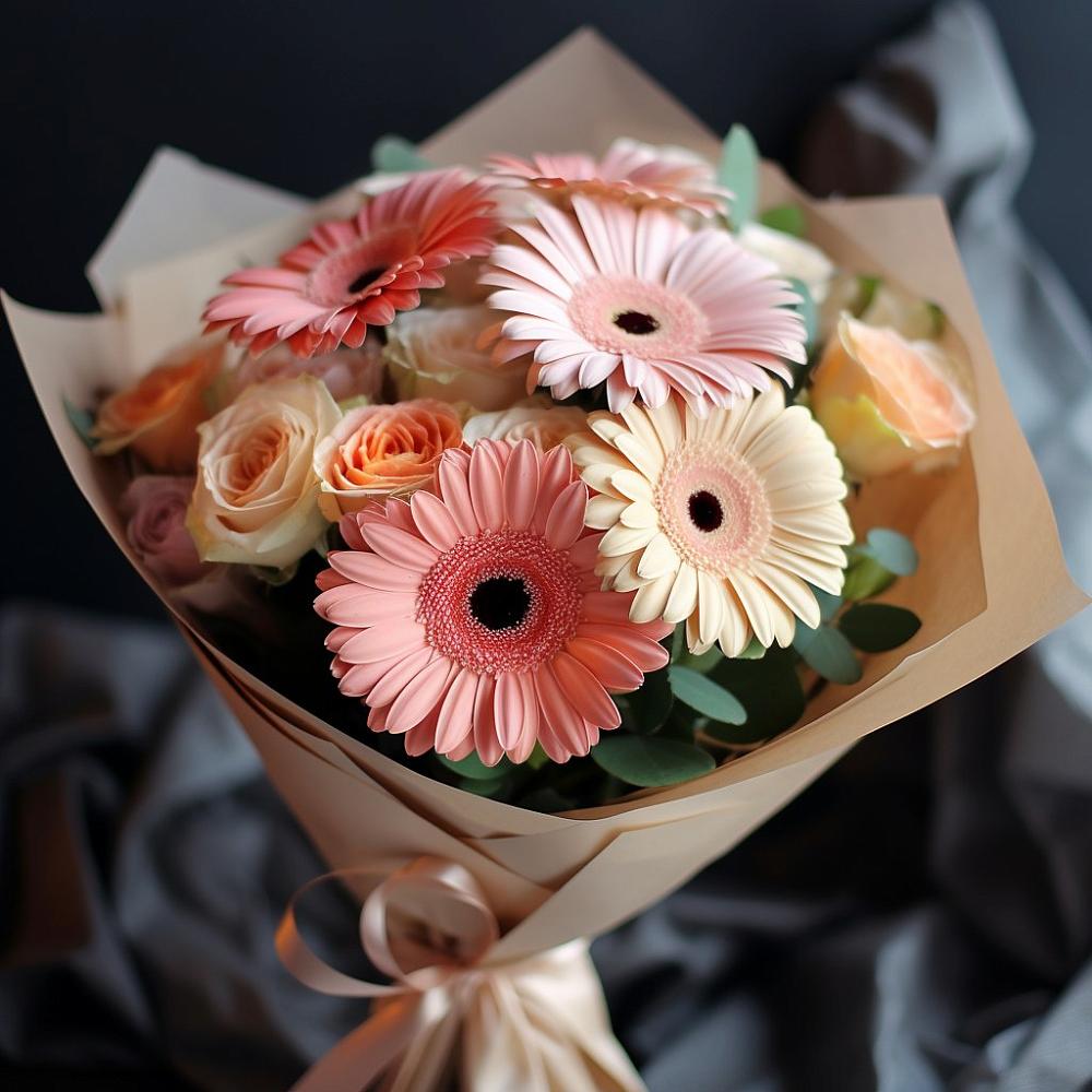 Букет цветов из: Герберы и Розы в Тельме