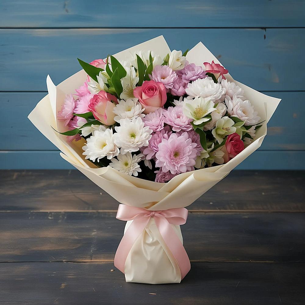 Букет цветов из: Хризантемы, Альстромерии и Розы в Тельме